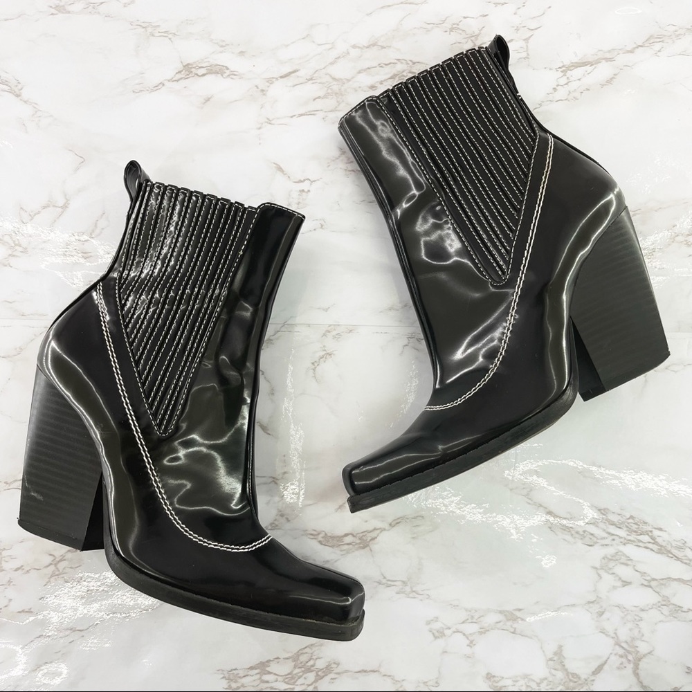 Zara Topstitched Black Patent Leather Western Boots Heeled Square Toe Slip On 5 - Picture 2 of 8